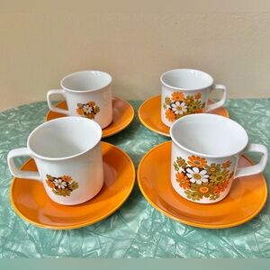 Vintage Johnson Bros Ironstone Floral Coffee Cup Set with Orange Saucers